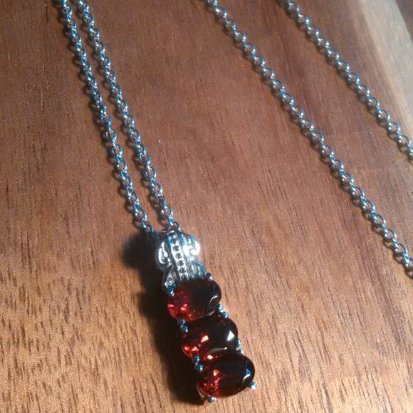 Mozambique Garnet Three Stone Stainless Steel Pendant Necklace - Picture 3 of 12